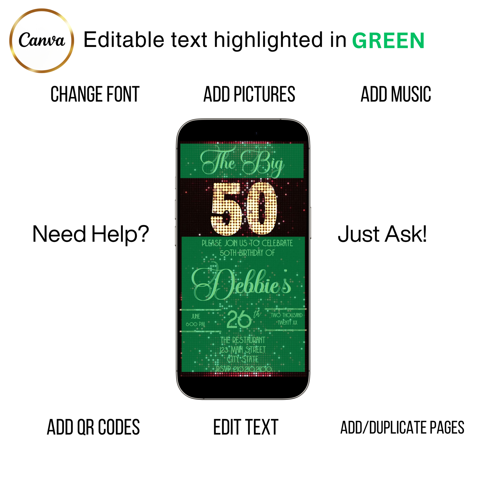 Editable red gold glam 50th birthday video invitation displayed on a mobile phone, featuring an animated vertical digital invite with music, created in Canva. This premium video invitation template is designed for sharing by text, email, and social media and works with an interactive RSVP website for easy guest response tracking.