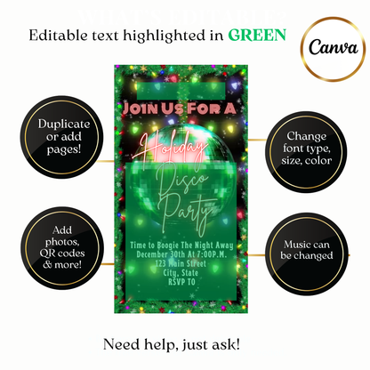 Holiday party disco video invite customizable online