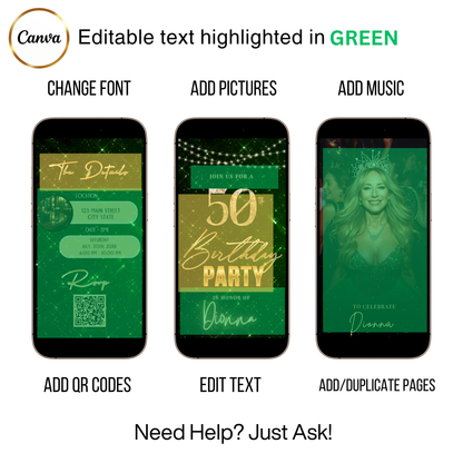 Editable emerald green sparkly 50th birthday video invitation displayed on a mobile phone, featuring an animated vertical digital invite with music, created in Canva. This premium video invitation template is designed for sharing by text, email, and social media and works with an interactive RSVP website for easy guest response tracking.