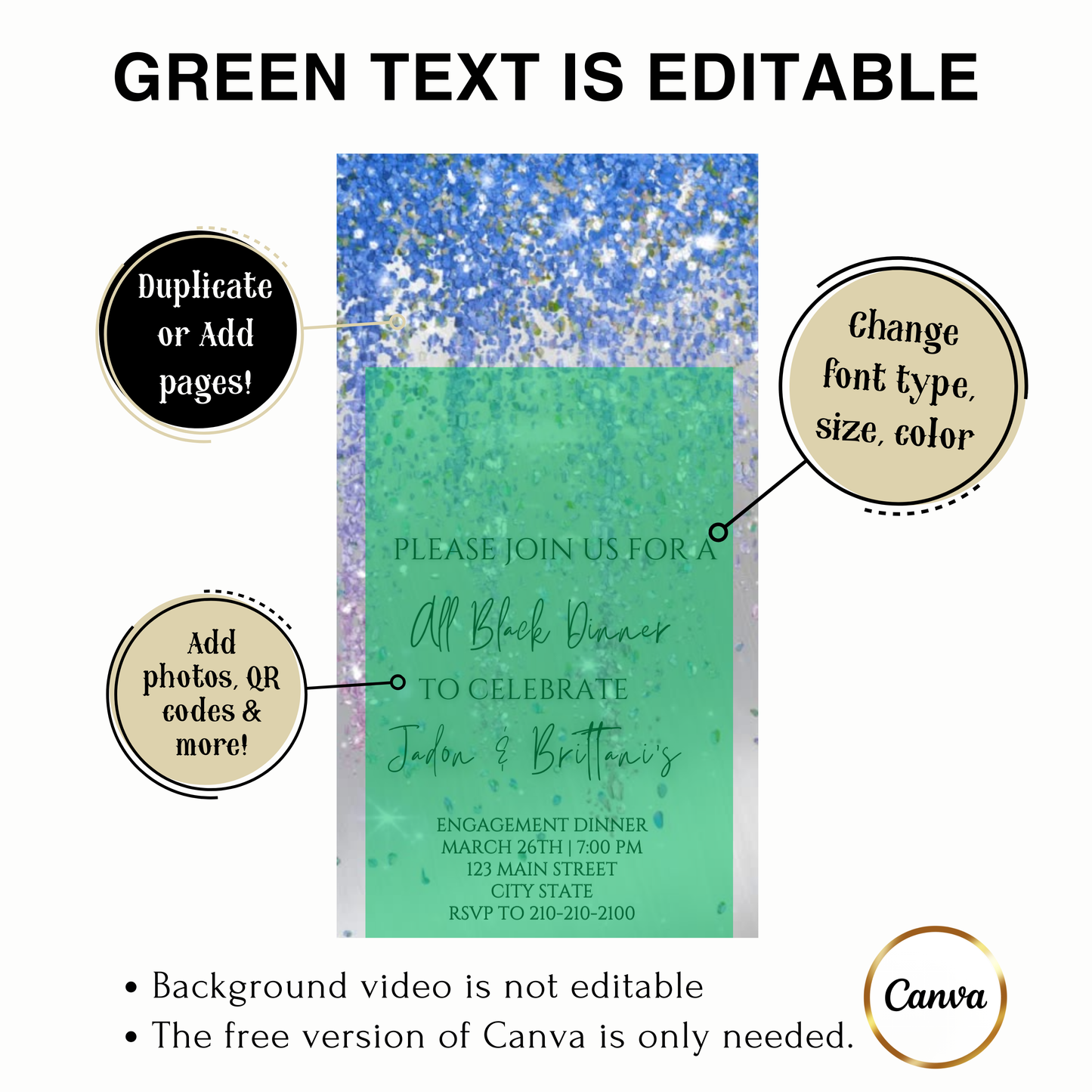 Editable blue and gray watercolor glitter engagement dinner video invitation displayed on a mobile phone, featuring an animated vertical digital invite with music, created in Canva. This premium video invitation template is designed for sharing by text, email, and social media and works with an interactive RSVP website for easy guest response tracking.