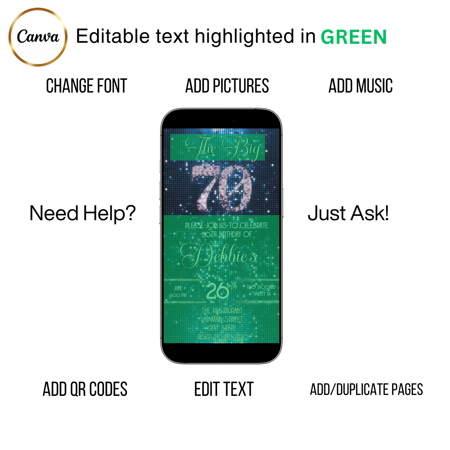 Editable blue sequin 70th birthday video invitation displayed on a mobile phone, featuring an animated vertical digital invite with music, created in Canva. This premium video invitation template is designed for sharing by text, email, and social media and works with an interactive RSVP website for easy guest response tracking.