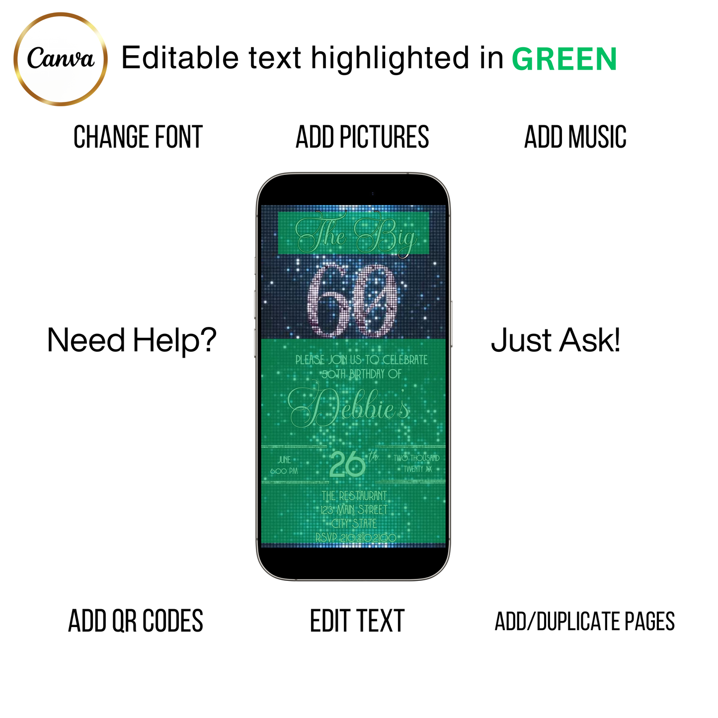 Editable blue sequin 60th birthday video invitation displayed on a mobile phone, featuring an animated vertical digital invite with music, created in Canva. This premium video invitation template is designed for sharing by text, email, and social media and works with an interactive RSVP website for easy guest response tracking.