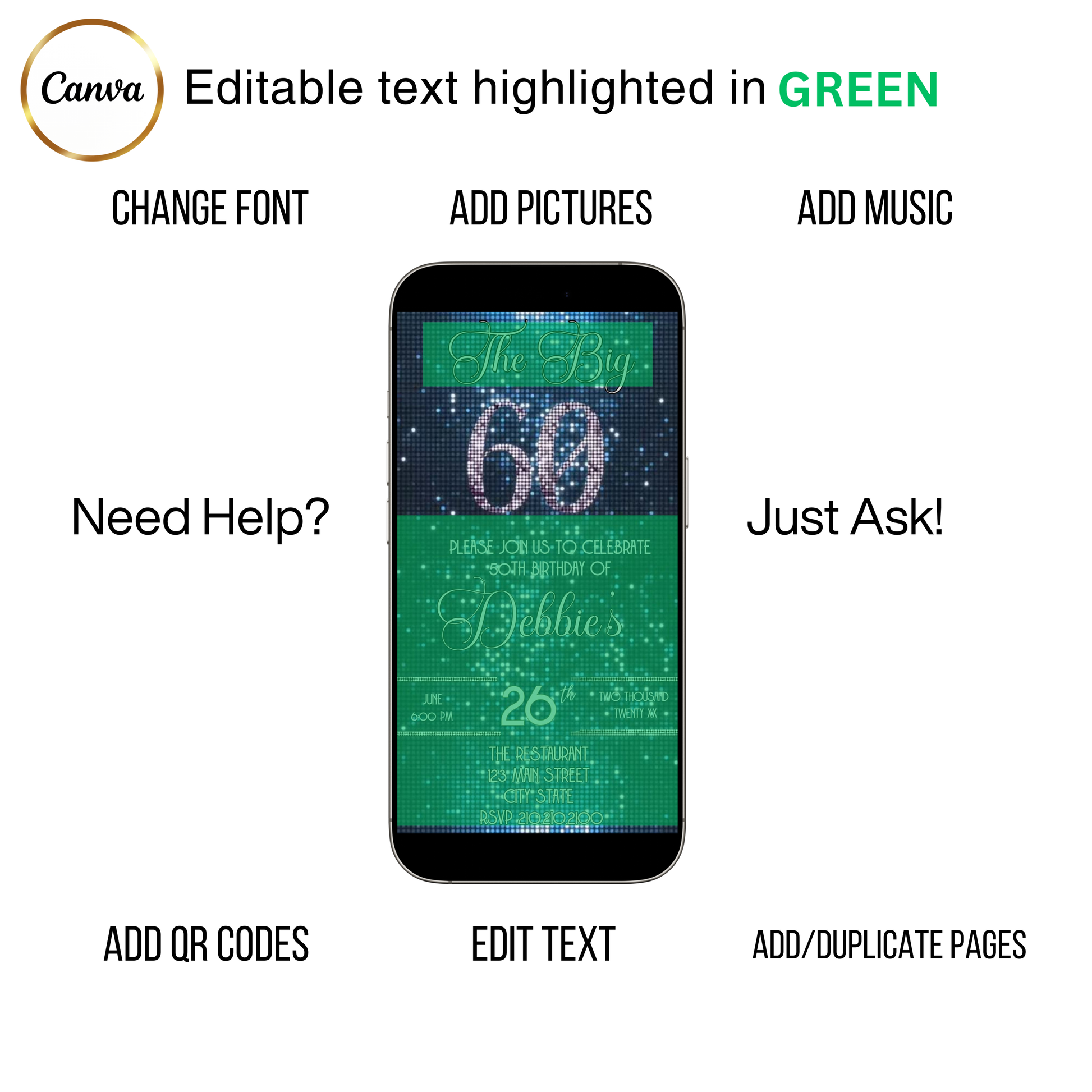 Editable blue sequin 60th birthday video invitation displayed on a mobile phone, featuring an animated vertical digital invite with music, created in Canva. This premium video invitation template is designed for sharing by text, email, and social media and works with an interactive RSVP website for easy guest response tracking.