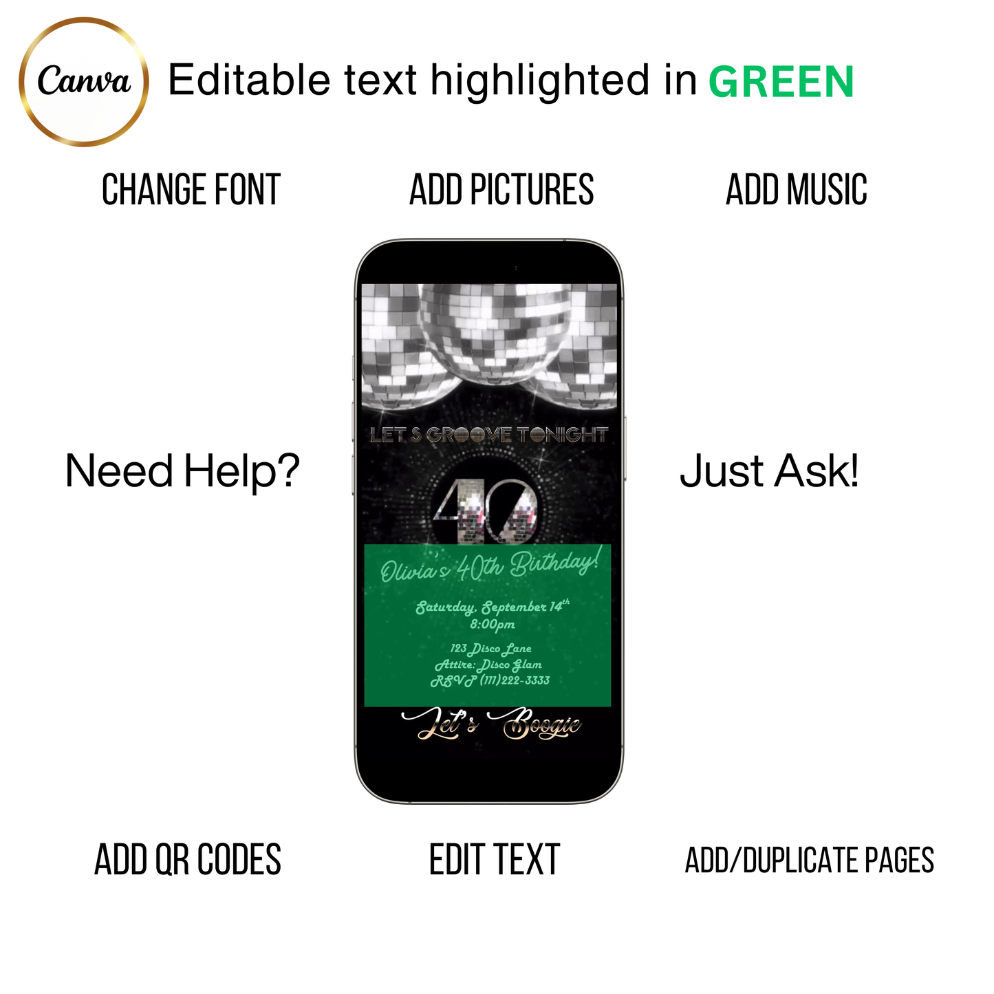 Editable disco silver 40th birthday video invitation displayed on a mobile phone, featuring an animated vertical digital invite with music, created in Canva. This premium video invitation template is designed for sharing by text, email, and social media and works with an interactive RSVP website for easy guest response tracking.