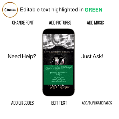 Editable disco silver 40th birthday video invitation displayed on a mobile phone, featuring an animated vertical digital invite with music, created in Canva. This premium video invitation template is designed for sharing by text, email, and social media and works with an interactive RSVP website for easy guest response tracking.