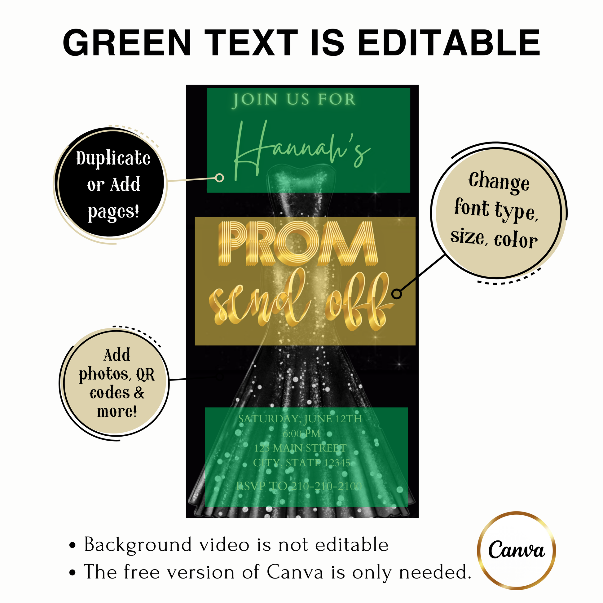 Editable black gold luxury prom send off video invitation displayed on a mobile phone, featuring an animated vertical digital invite with music, created in Canva. This premium video invitation template is designed for sharing by text, email, and social media and works with an interactive RSVP website for easy guest response tracking.