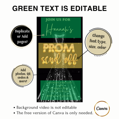 Editable black gold luxury prom send off video invitation displayed on a mobile phone, featuring an animated vertical digital invite with music, created in Canva. This premium video invitation template is designed for sharing by text, email, and social media and works with an interactive RSVP website for easy guest response tracking.
