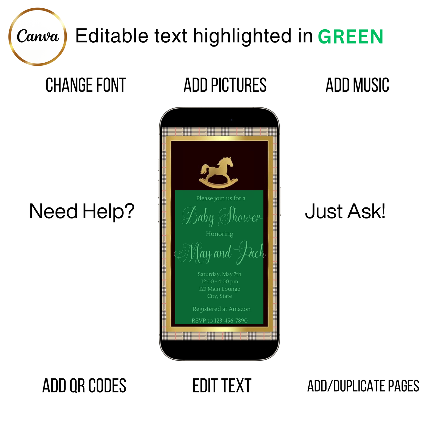 Editable maroon ralph lauren polo baby shower video invitation displayed on a mobile phone, featuring an animated vertical digital invite with music, created in Canva. This premium video invitation template is designed for sharing by text, email, and social media and works with an interactive RSVP website for easy guest response tracking.