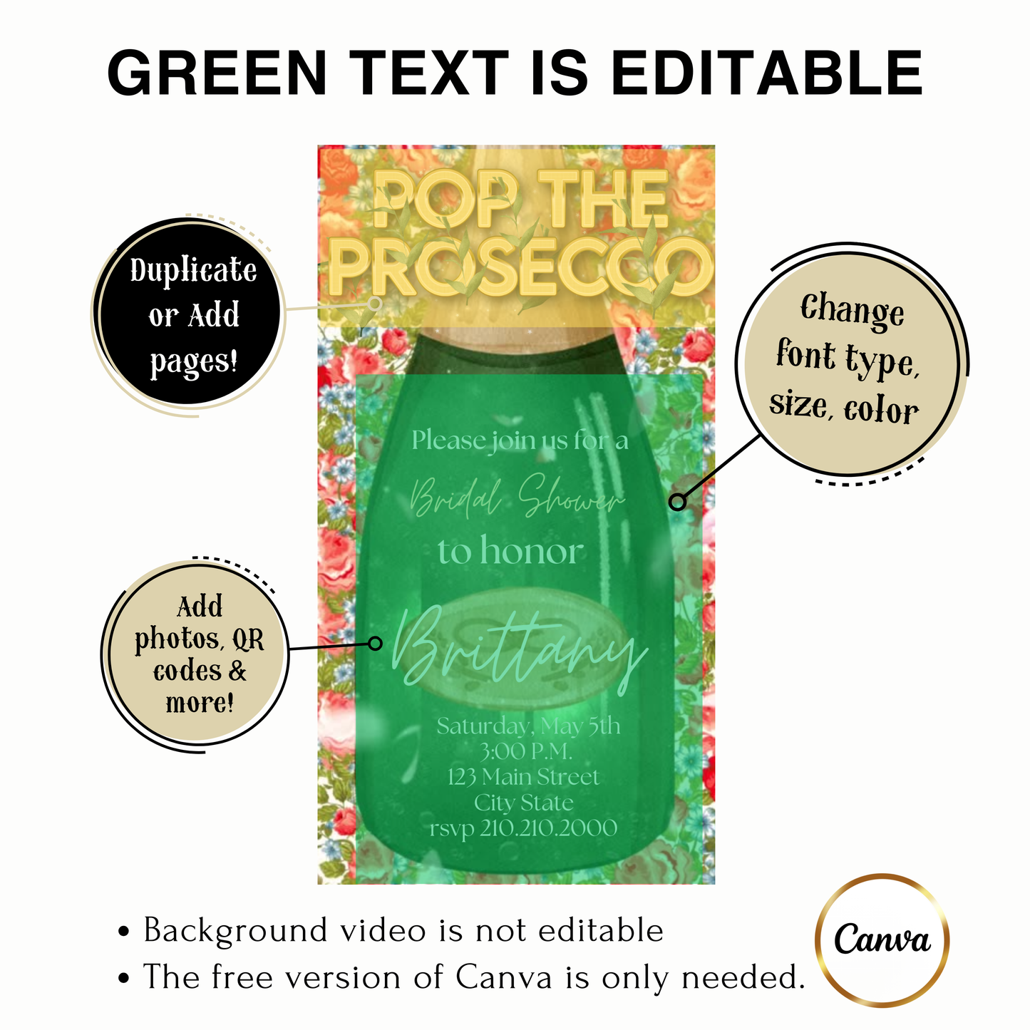 Editable green bottle floral pop the prosecco bridal shower video invitation displayed on a mobile phone, featuring an animated vertical digital invite with music, created in Canva. This premium video invitation template is designed for sharing by text, email, and social media and works with an interactive RSVP website for easy guest response tracking.