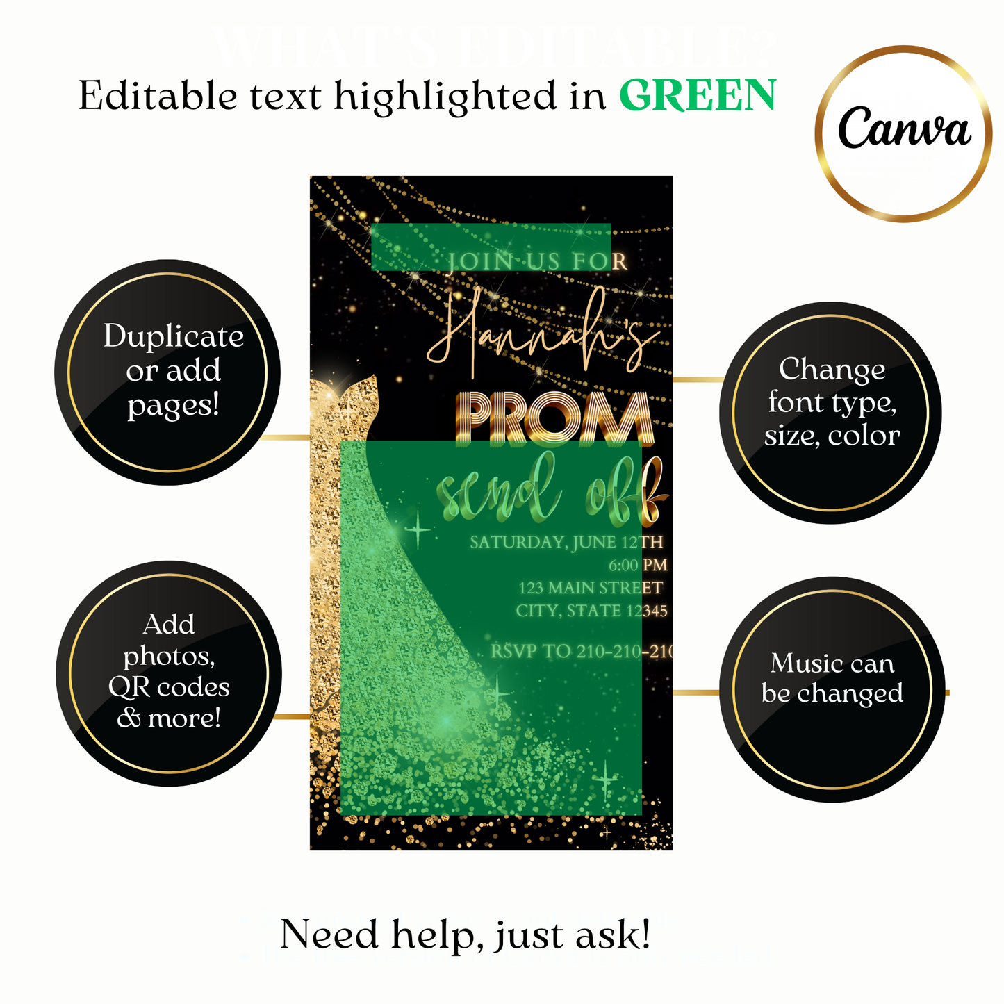 Prom send off video invite customizable black gold