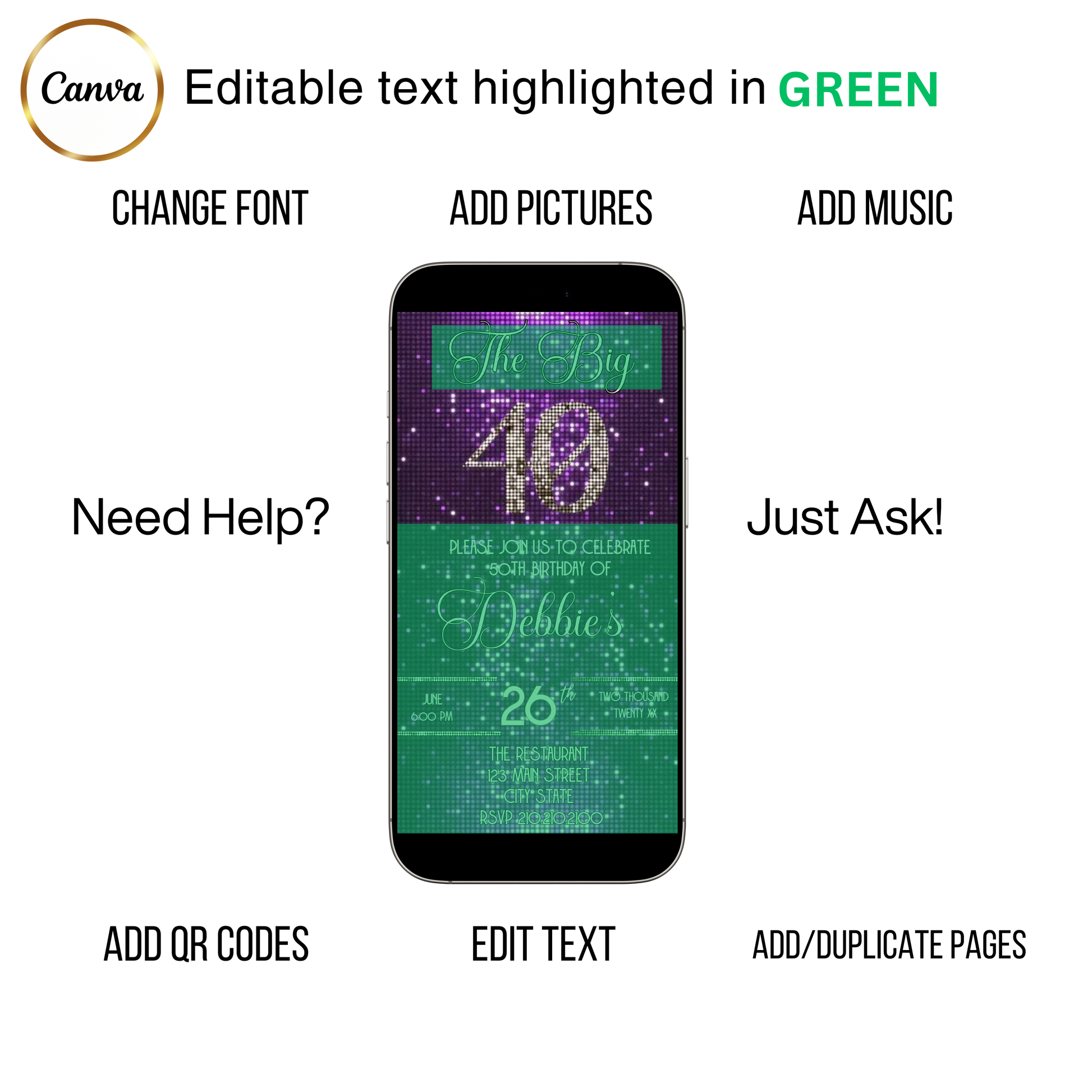 Editable purple glitter 40th birthday video invitation displayed on a mobile phone, featuring an animated vertical digital invite with music, created in Canva. This premium video invitation template is designed for sharing by text, email, and social media and works with an interactive RSVP website for easy guest response tracking.