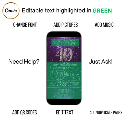 Editable purple glitter 40th birthday video invitation displayed on a mobile phone, featuring an animated vertical digital invite with music, created in Canva. This premium video invitation template is designed for sharing by text, email, and social media and works with an interactive RSVP website for easy guest response tracking.