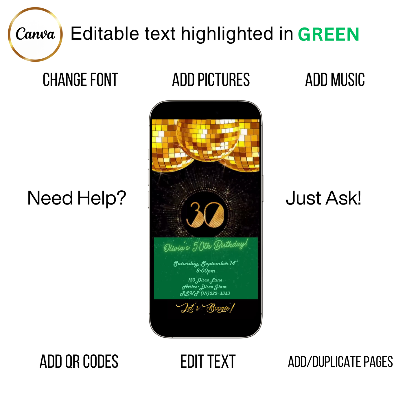 Editable gold disco 30th birthday video invitation displayed on a mobile phone, featuring an animated vertical digital invite with music, created in Canva. This premium video invitation template is designed for sharing by text, email, and social media and works with an interactive RSVP website for easy guest response tracking.