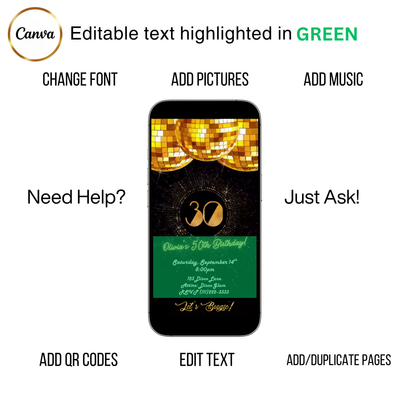 Editable gold disco 30th birthday video invitation displayed on a mobile phone, featuring an animated vertical digital invite with music, created in Canva. This premium video invitation template is designed for sharing by text, email, and social media and works with an interactive RSVP website for easy guest response tracking.