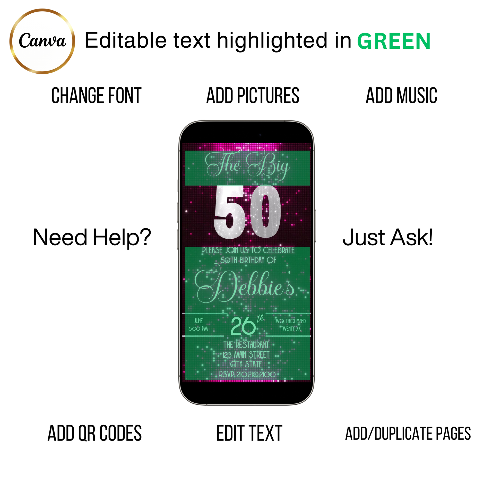 Editable pink sequin 50th birthday video invitation displayed on a mobile phone, featuring an animated vertical digital invite with music, created in Canva. This premium video invitation template is designed for sharing by text, email, and social media and works with an interactive RSVP website for easy guest response tracking.