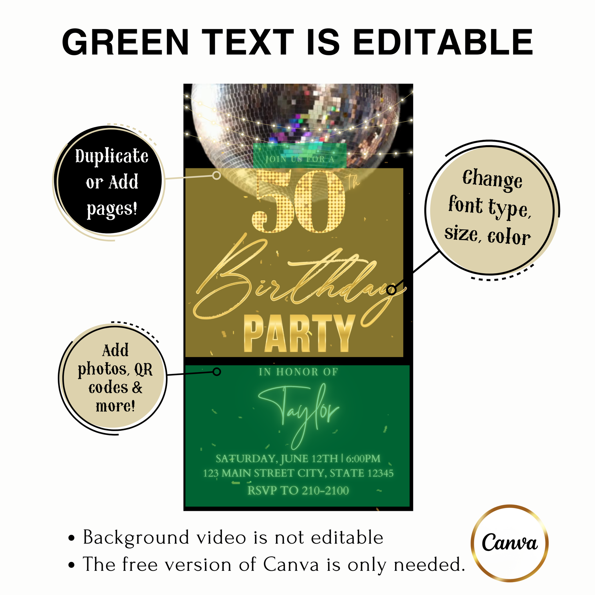 Editable black gold elegant 50th birthday video invitation displayed on a mobile phone, featuring an animated vertical digital invite with music, created in Canva. This premium video invitation template is designed for sharing by text, email, and social media and works with an interactive RSVP website for easy guest response tracking.