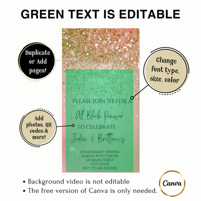 Editable pink gold watercolor glitter engagement dinner video invitation displayed on a mobile phone, featuring an animated vertical digital invite with music, created in Canva. This premium video invitation template is designed for sharing by text, email, and social media and works with an interactive RSVP website for easy guest response tracking.