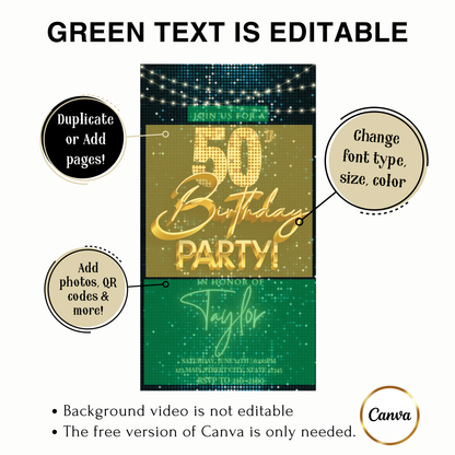Editable teal gold sequin 50th birthday video invitation displayed on a mobile phone, featuring an animated vertical digital invite with music, created in Canva. This premium video invitation template is designed for sharing by text, email, and social media and works with an interactive RSVP website for easy guest response tracking.