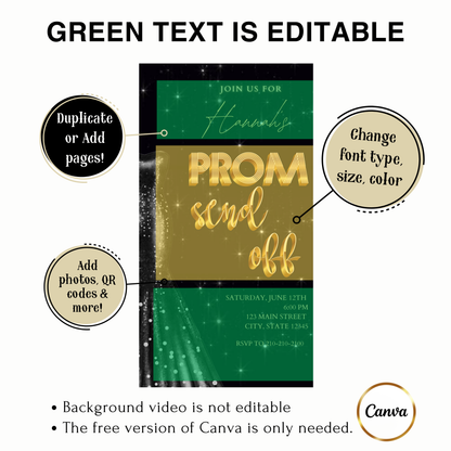 Editable black gold prom send off video invitation displayed on a mobile phone, featuring an animated vertical digital invite with music, created in Canva. This premium video invitation template is designed for sharing by text, email, and social media and works with an interactive RSVP website for easy guest response tracking.