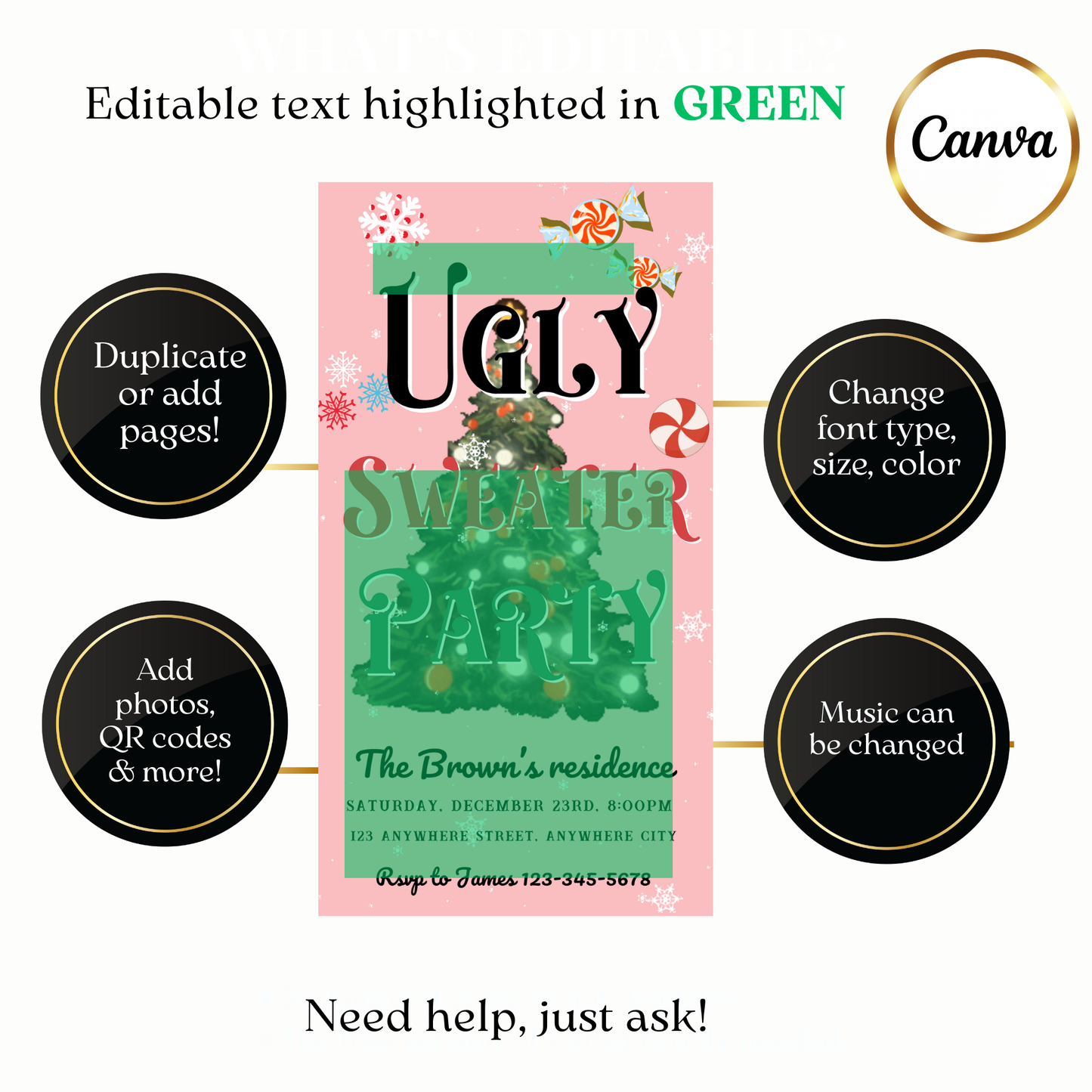 Animated pink ugly sweater Christmas video invite with snowflakes