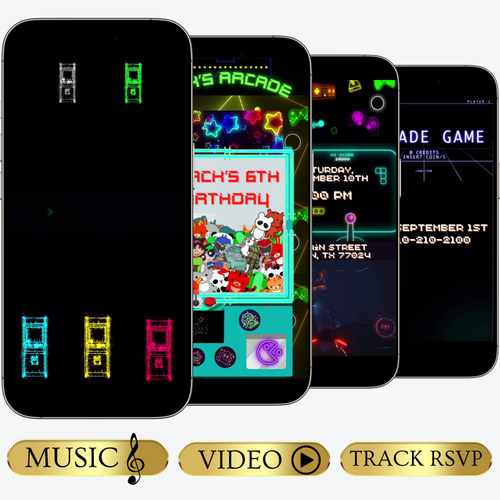 Editable arcade video game 6th birthday birthday video invitation displayed on a mobile phone, featuring an animated vertical digital invite with music, created in Canva. This premium video invitation template is designed for sharing by text, email, and social media and works with an interactive RSVP website for easy guest response tracking.