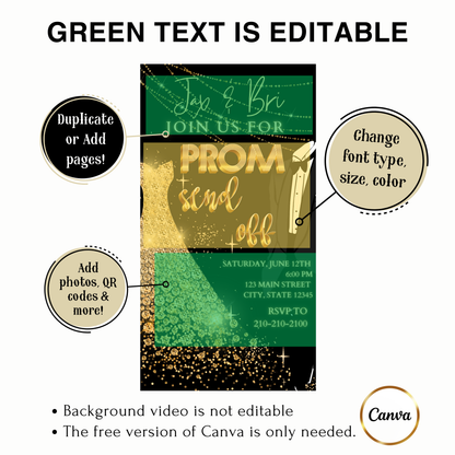 Editable black gold elegant prom send off video invitation displayed on a mobile phone, featuring an animated vertical digital invite with music, created in Canva. This premium video invitation template is designed for sharing by text, email, and social media and works with an interactive RSVP website for easy guest response tracking.