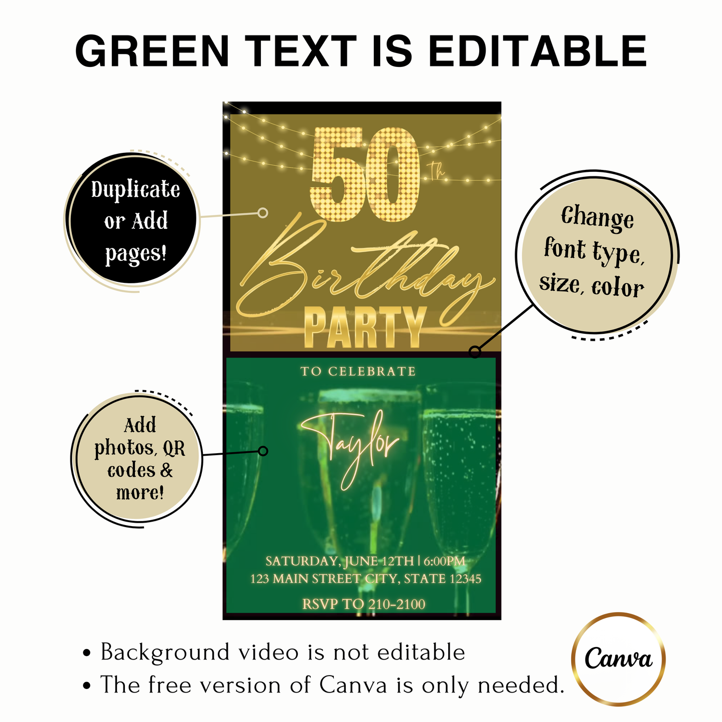 Editable black gold champagne 50th birthday video invitation displayed on a mobile phone, featuring an animated vertical digital invite with music, created in Canva. This premium video invitation template is designed for sharing by text, email, and social media and works with an interactive RSVP website for easy guest response tracking.
