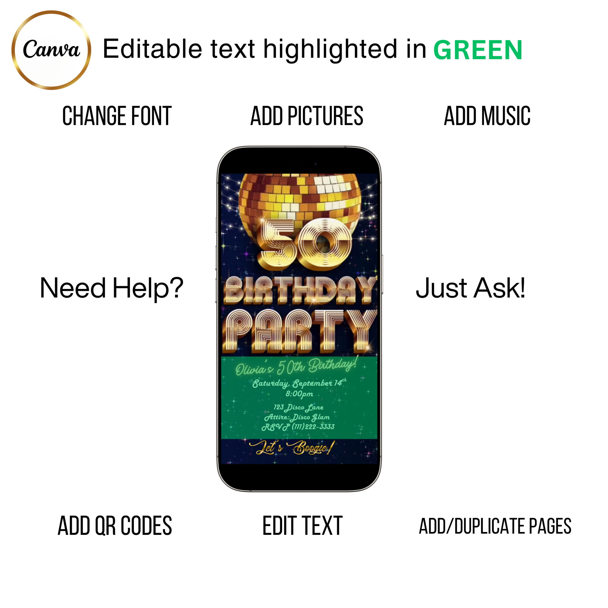 Editable gold disco 50th birthday video invitation displayed on a mobile phone, featuring an animated vertical digital invite with music, created in Canva. This premium video invitation template is designed for sharing by text, email, and social media and works with an interactive RSVP website for easy guest response tracking.