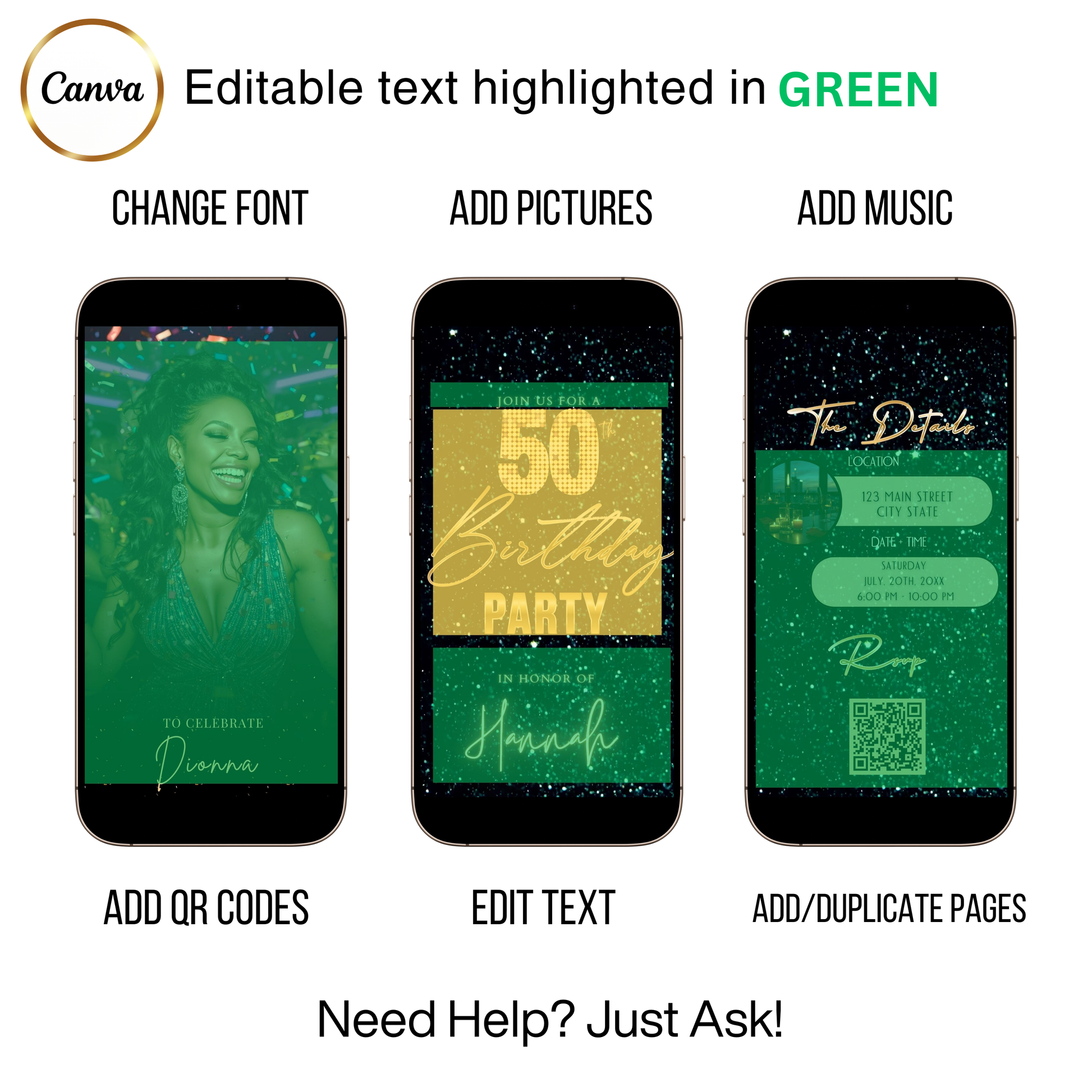 Editable teal green 50th birthday video invitation displayed on a mobile phone, featuring an animated vertical digital invite with music, created in Canva. This premium video invitation template is designed for sharing by text, email, and social media and works with an interactive RSVP website for easy guest response tracking.