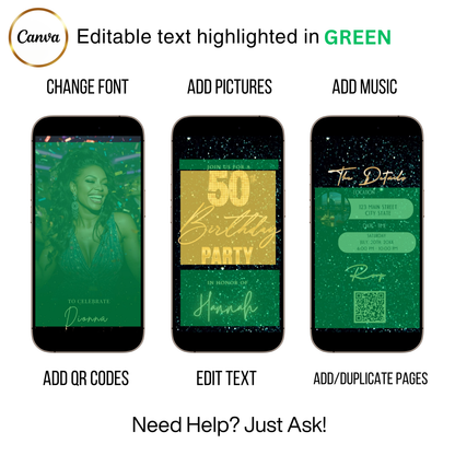 Editable teal green 50th birthday video invitation displayed on a mobile phone, featuring an animated vertical digital invite with music, created in Canva. This premium video invitation template is designed for sharing by text, email, and social media and works with an interactive RSVP website for easy guest response tracking.