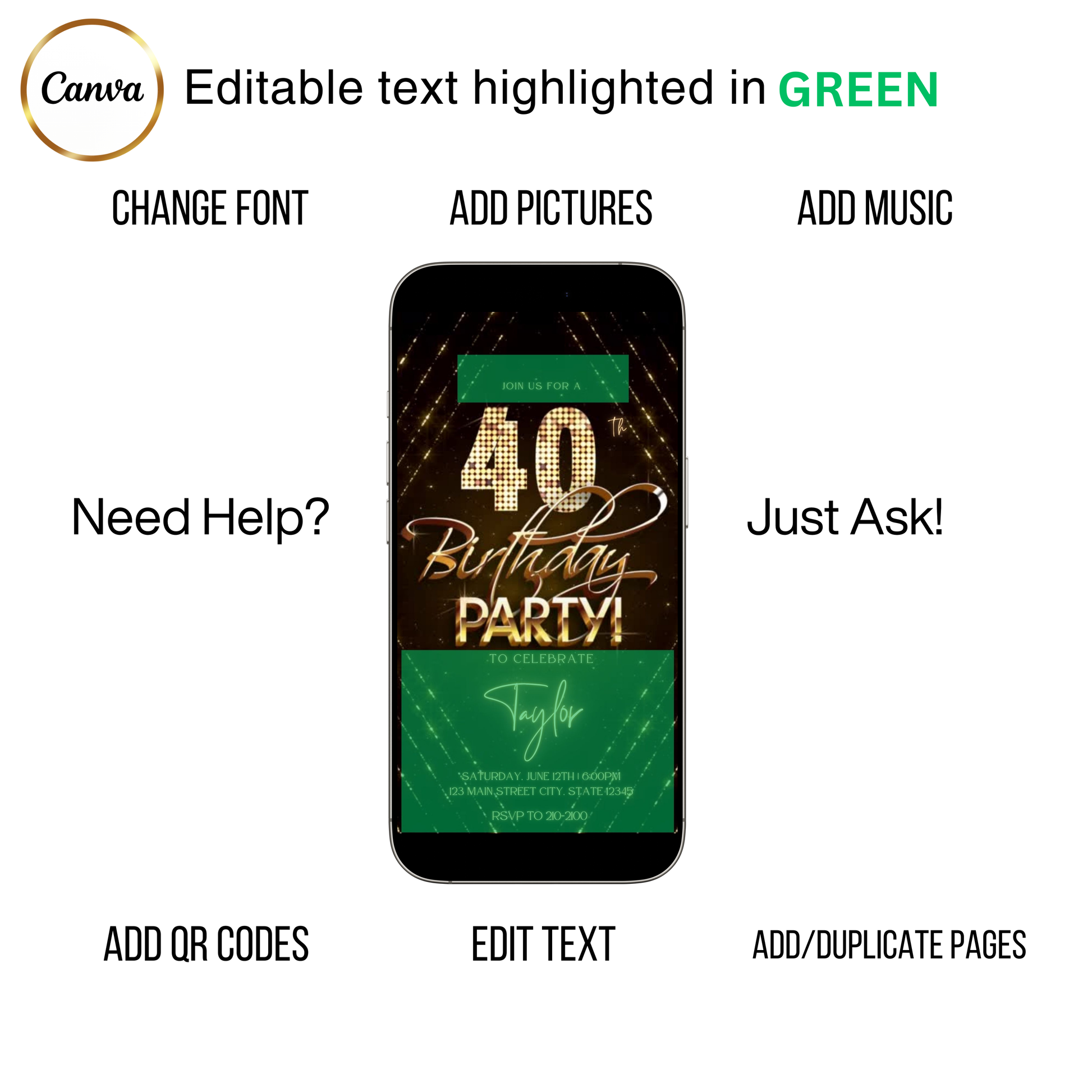 Editable gold glitter 40th birthday video invitation displayed on a mobile phone, featuring an animated vertical digital invite with music, created in Canva. This premium video invitation template is designed for sharing by text, email, and social media and works with an interactive RSVP website for easy guest response tracking.