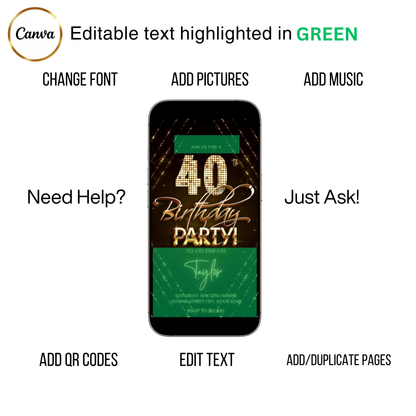 Editable gold glitter 40th birthday video invitation displayed on a mobile phone, featuring an animated vertical digital invite with music, created in Canva. This premium video invitation template is designed for sharing by text, email, and social media and works with an interactive RSVP website for easy guest response tracking.