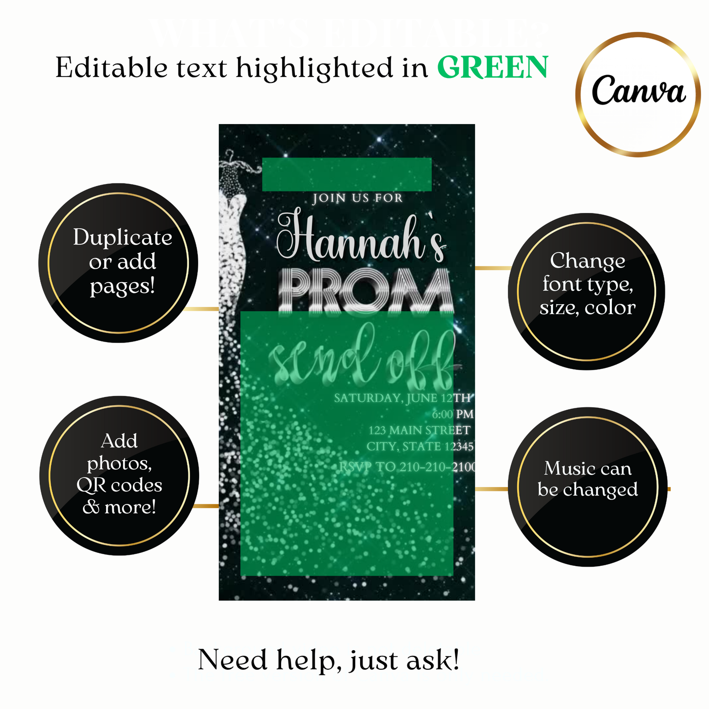 Custom green sequin prom send off video invite design