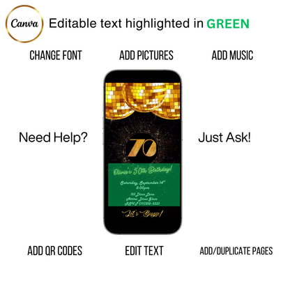 Editable gold disco 70th birthday video invitation displayed on a mobile phone, featuring an animated vertical digital invite with music, created in Canva. This premium video invitation template is designed for sharing by text, email, and social media and works with an interactive RSVP website for easy guest response tracking.