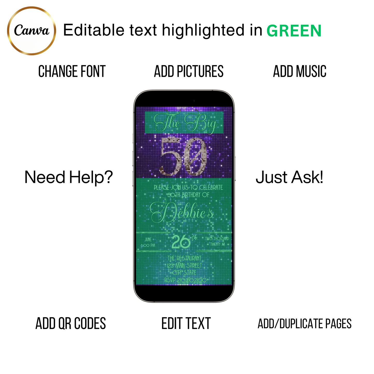 Editable purple sequin 50th birthday video invitation displayed on a mobile phone, featuring an animated vertical digital invite with music, created in Canva. This premium video invitation template is designed for sharing by text, email, and social media and works with an interactive RSVP website for easy guest response tracking.