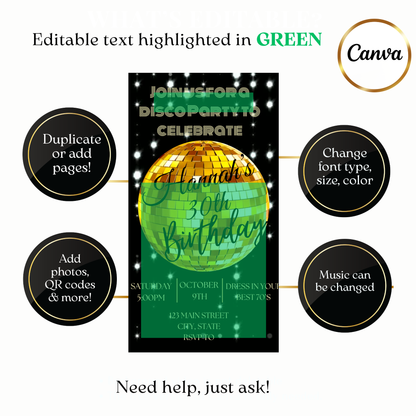 Digital thirty milestone disco party video invite