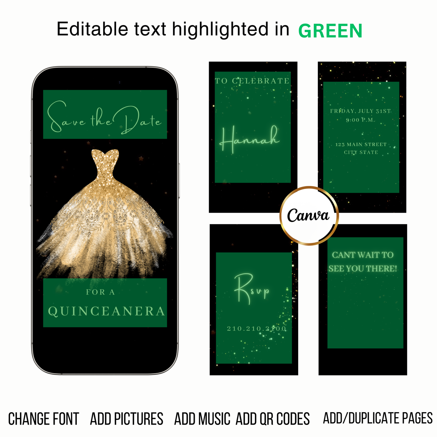 Editable gold glitter dress Quinceañera video invitation displayed on a mobile phone, featuring an animated vertical digital invite with music, created in Canva. This premium video invitation template is designed for sharing by text, email, and social media and works with an interactive RSVP website for easy guest response tracking.