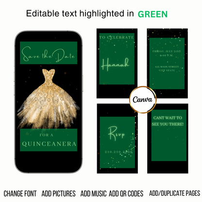 Editable gold glitter dress Quinceañera video invitation displayed on a mobile phone, featuring an animated vertical digital invite with music, created in Canva. This premium video invitation template is designed for sharing by text, email, and social media and works with an interactive RSVP website for easy guest response tracking.
