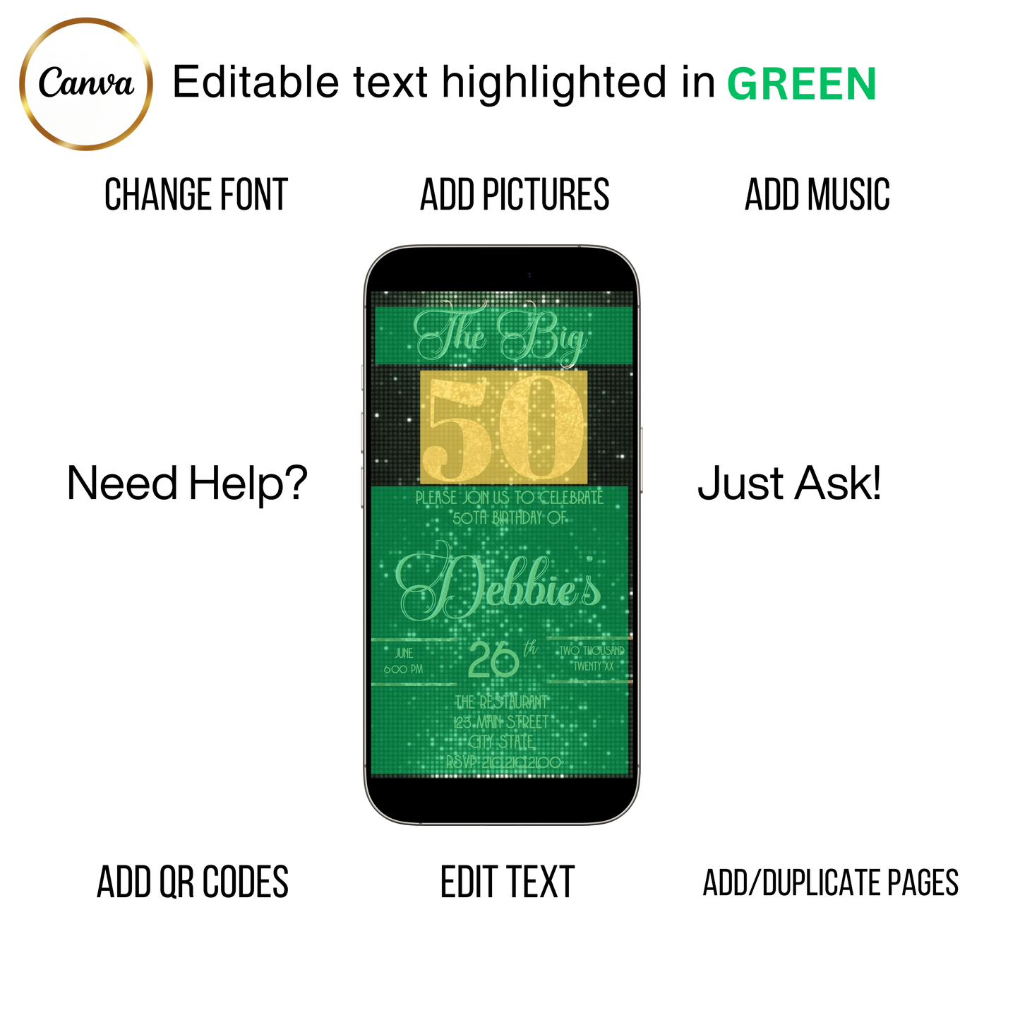 Editable sage green & gold 50th birthday video invitation displayed on a mobile phone, featuring an animated vertical digital invite with music, created in Canva. This premium video invitation template is designed for sharing by text, email, and social media and works with an interactive RSVP website for easy guest response tracking.