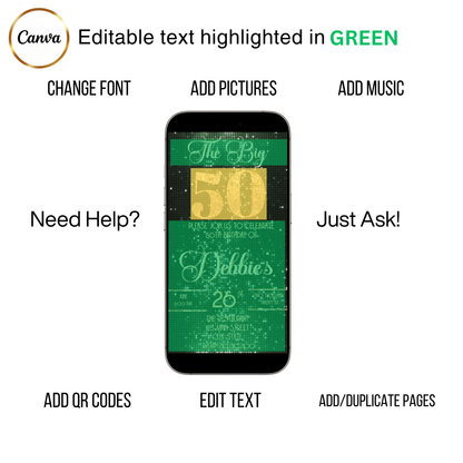 Editable sage green & gold 50th birthday video invitation displayed on a mobile phone, featuring an animated vertical digital invite with music, created in Canva. This premium video invitation template is designed for sharing by text, email, and social media and works with an interactive RSVP website for easy guest response tracking.