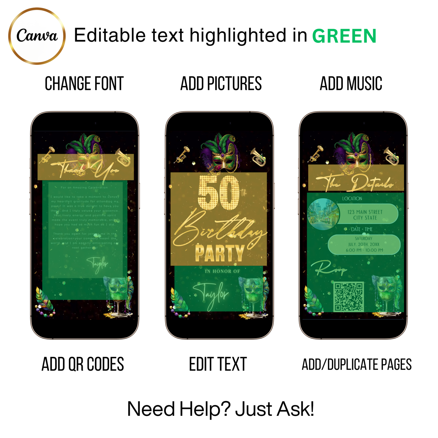 Editable mardi gras masquerade 50th birthday video invitation displayed on a mobile phone, featuring an animated vertical digital invite with music, created in Canva. This premium video invitation template is designed for sharing by text, email, and social media and works with an interactive RSVP website for easy guest response tracking.