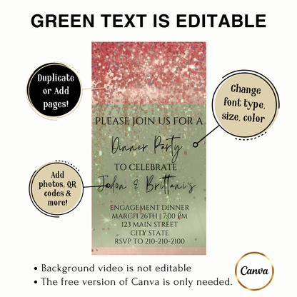 Editable rose gold watercolor glitter engagement dinner video invitation displayed on a mobile phone, featuring an animated vertical digital invite with music, created in Canva. This premium video invitation template is designed for sharing by text, email, and social media and works with an interactive RSVP website for easy guest response tracking.