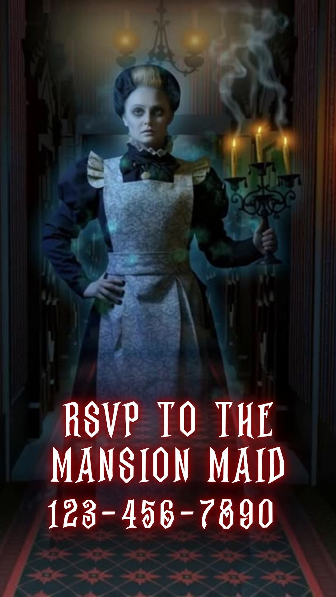 Editable haunted mansion halloween party party video invitation displayed on a mobile phone, featuring an animated vertical digital invite with music, created in Canva. This premium video invitation template is designed for sharing by text, email, and social media and works with an interactive RSVP website for easy guest response tracking.