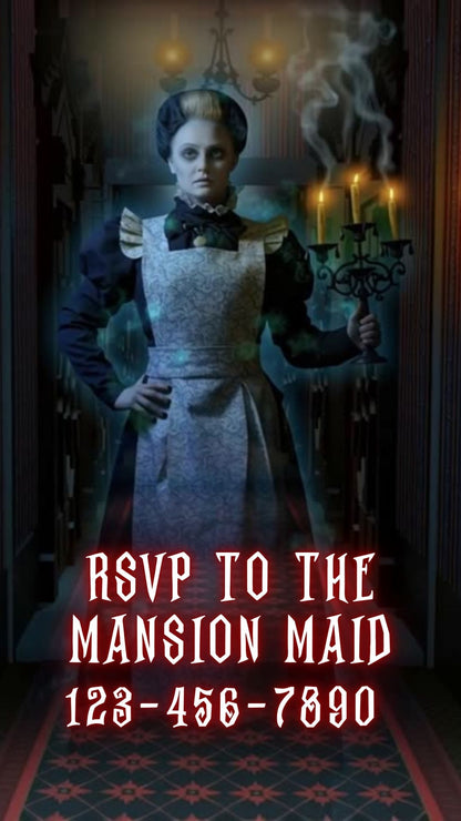 Editable haunted mansion halloween party party video invitation displayed on a mobile phone, featuring an animated vertical digital invite with music, created in Canva. This premium video invitation template is designed for sharing by text, email, and social media and works with an interactive RSVP website for easy guest response tracking.
