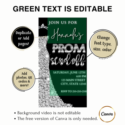 Editable black silver glam prom send off video invitation displayed on a mobile phone, featuring an animated vertical digital invite with music, created in Canva. This premium video invitation template is designed for sharing by text, email, and social media and works with an interactive RSVP website for easy guest response tracking.