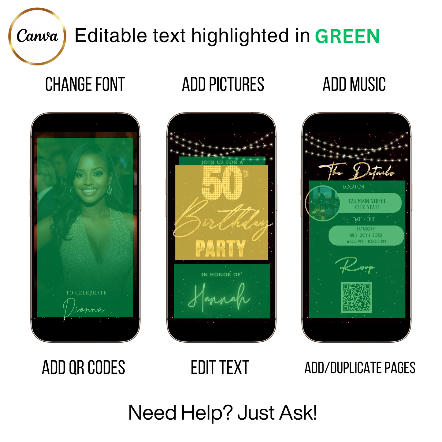 Editable maroon gold glitter 50th birthday video invitation displayed on a mobile phone, featuring an animated vertical digital invite with music, created in Canva. This premium video invitation template is designed for sharing by text, email, and social media and works with an interactive RSVP website for easy guest response tracking.