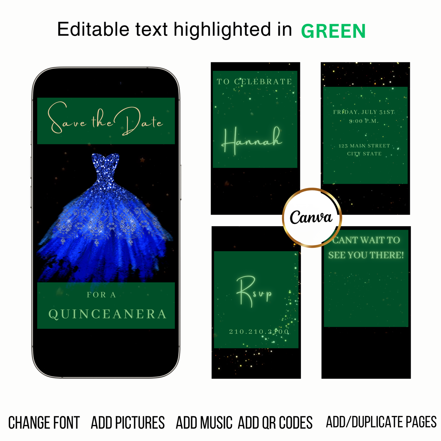 Editable royal blue glitter dress Quinceañera video invitation displayed on a mobile phone, featuring an animated vertical digital invite with music, created in Canva. This premium video invitation template is designed for sharing by text, email, and social media and works with an interactive RSVP website for easy guest response tracking.
