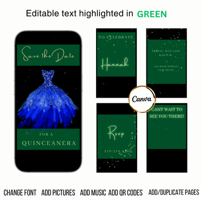 Editable royal blue glitter dress Quinceañera video invitation displayed on a mobile phone, featuring an animated vertical digital invite with music, created in Canva. This premium video invitation template is designed for sharing by text, email, and social media and works with an interactive RSVP website for easy guest response tracking.