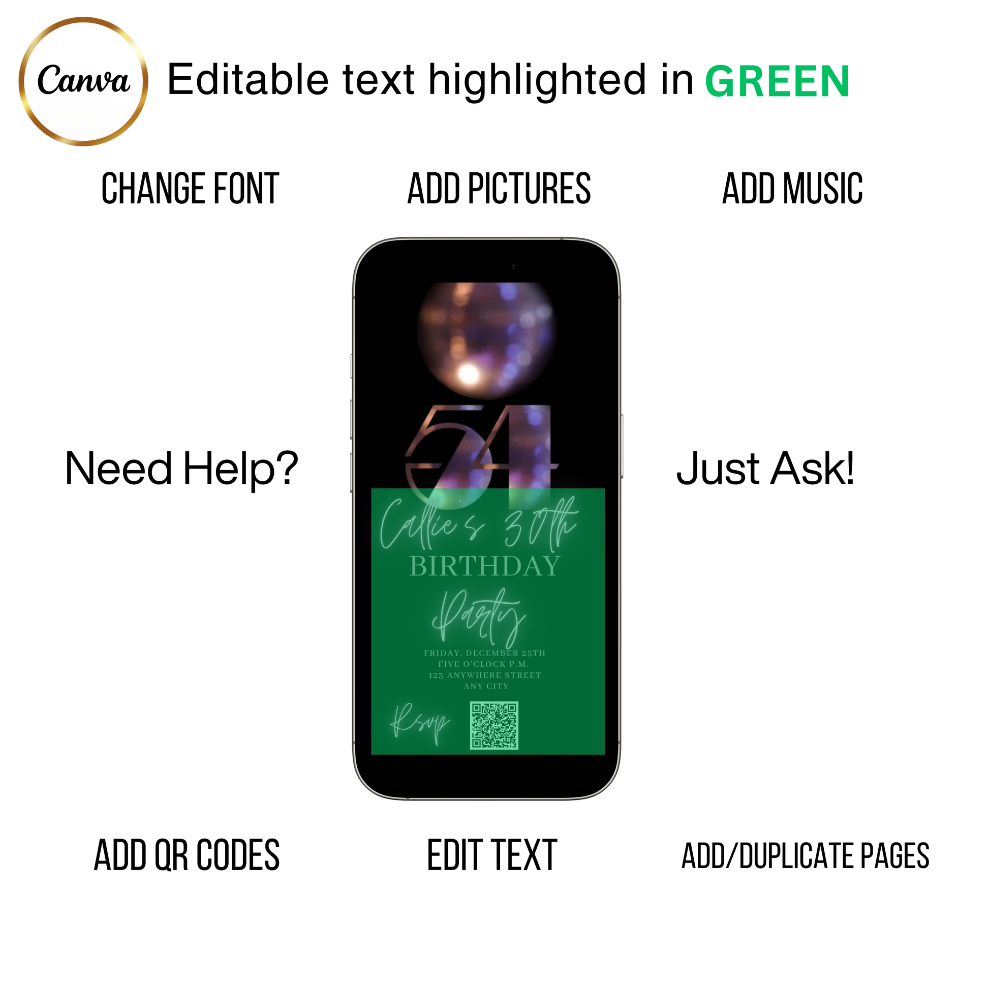 Editable subtle disco 54th birthday video invitation displayed on a mobile phone, featuring an animated vertical digital invite with music, created in Canva. This premium video invitation template is designed for sharing by text, email, and social media and works with an interactive RSVP website for easy guest response tracking.