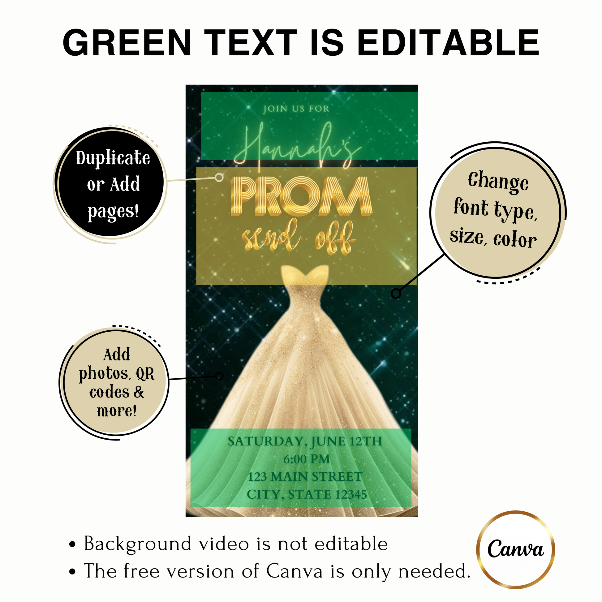 Editable emerald green gold prom send off video invitation displayed on a mobile phone, featuring an animated vertical digital invite with music, created in Canva. This premium video invitation template is designed for sharing by text, email, and social media and works with an interactive RSVP website for easy guest response tracking.